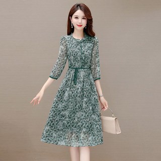 ROYALBELLE 여성 플라워 시폰 A라인 라운드넥 7부소매 허리끈 프린트 미디 원피스 하늘하늘 쉬폰핏 A0052702