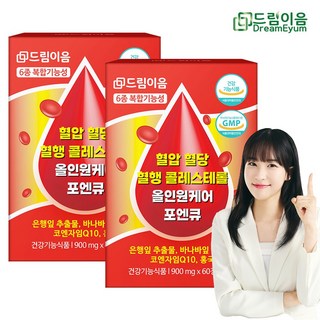 드림이음 혈압 혈당 혈행 콜레스테롤 올인원 케어 포엔큐 코엔자임Q10 바나바잎 은행잎추출물 홍국, 60정, 2개 풀무원혈압케어