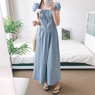 요시아나 [당일발송] 지엘 데님 셔링 리본 오프숄더 퍼프소매 롱원피스 2컬러