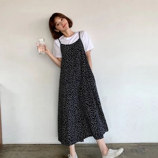 BIKASU 여성 끈 나시 루즈핏 점프수트 도트 빅사이즈 와이드 팬츠 멜빵 바지