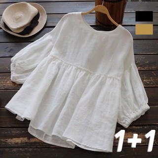 1+1 5부소매 면마셔츠 빅사이즈 M-4XL 루즈핏 데일리 순색 셔링셔츠 풀오버 면 마 린넨 블라우스 남방 티셔츠