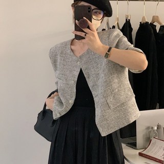 POMTOR 린넨 트위드 금장 여름 반팔 자켓 3col 하객 루즈핏 버튼 라운드 노카라