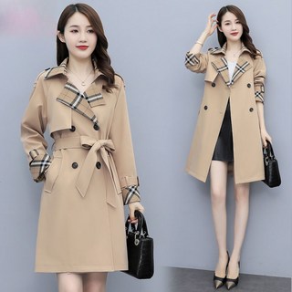 AIRASI 여성 체크무늬 트렌치코트 더블버튼 벨트 봄가을 롱자켓