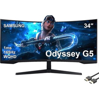 삼성 34인치 오디세이 G5 시리즈 울트라 와이드 WQHD 게이밍 모니터 1000R 커브드 165Hz 1ms 응답 시간 프리싱크 프리미엄 블랙 MTC HDMI 케이블, UltraWide-165Hz-1ms_34