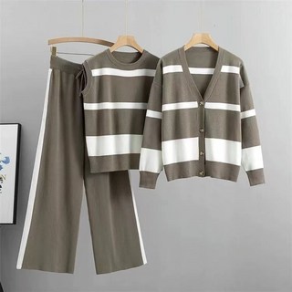 3 Colors 여성 브이넥 니트 3종 세트 조끼 가디건 와이드팬츠 가을 겨울 캐주얼 데일리룩 편안한 트렌디 패션