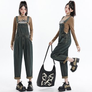 블루 데님 멜빵바지 여 춘추 오버핏하이웨스트 슬림 일자 와이드 슬랙스 점프슈트