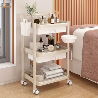 3단 미용 카트 뷰티 웨건 다용도 이동식 트롤리, 베이지