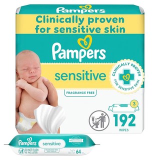 Pampers 민감성 아기 물티슈 수성 저자극성 및 무향 플립 탑 팩 1개 (총 56장), 64 Count (Pack of 3)