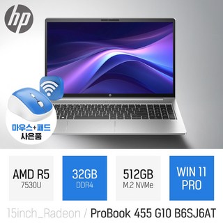 HP 프로북 455 G10 B6SJ6AT + [무선 마우스&패드 증정], 실버, 512GB, 32GB, 윈도우 11 프로