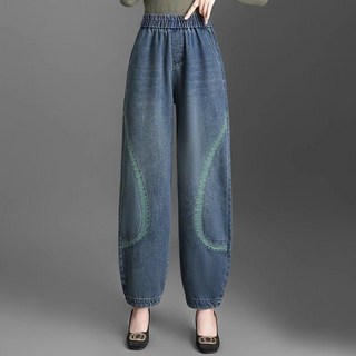 AOKADA 여성 벌룬 와이드 데님 팬츠 밴딩 하이웨스트 오버핏 봄 가을 배기 청바지
