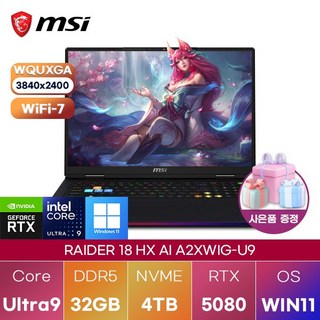 MSI 레이더 18 HX AI A2XWIG-U9 벨류 Ultra9-285HX RTX5080 WIN 11 HOME 고성능 게이밍 그래픽작업용 노트북, WIN11 Home, 32GB, 4TB