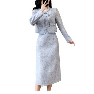 하늘색 셋업 트위드 투피스 빅사이즈 트위드롱투피스 가을 하객룩