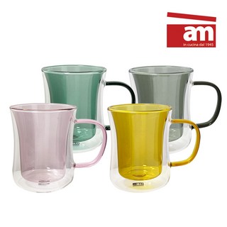 1+1 AM 더블월 내열 유리컵 400ml 글라스 물컵 이중 홈카페 유리잔 물잔 맥주잔 커피잔 보온 보냉, 1세트, 그레이+그린