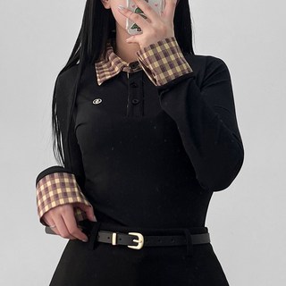 핑크버터 002443 [셔츠+니트 일체형]폴 체크셔츠 레이어드 니트 페이크셔츠 긴팔 일체형 골지 자수 포인트