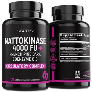 SPARTIS 낫토키나제 보충제 4000 FU CoQ10 100mg 프렌치 마린 소나무 껍질 추출물 200mg 순환 및 심혈관 지원 효소 포함 (120캡에서 1팩), 1개