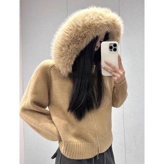 COSYEVNO 여성 봄가을 후드 니트 카디건 퍼 칼라 빅 사이즈 스웨터코트