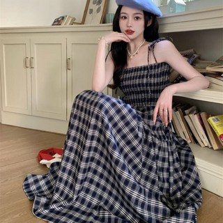 뉴욕멋쟁이 리즈 체크리본 나시 롱원피스 스모크주름 탱크탑 끈원피스