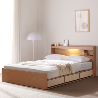 바로방가구 샤인 LED 수납형 서랍형 슈퍼싱글 퀸 침대 프레임, 슈퍼싱글(SS)/3단서랍형(매트리스제외), 오크워시