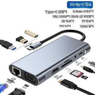 (저스트) Hub X 다기능 4K 고화질 화면프로 포트 USB3.0 Expander D16, 10-in-one HDMI 4K30Hz+VGA+네트워크, 0.6m