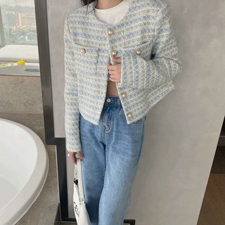 ROYALBELLE 여성 라운드넥 캐주얼 긴팔 재킷 우아한 기본핏 쇼트핏 데일리 트위드 자켓 V030608