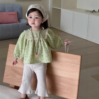 SunburstWonder 아동 여아 가을 녹색체크 레이스인형셔츠