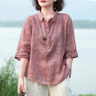 COSYEVNO 여자 여름 면마 셔츠 5부 소매 루즈핏 빅사이즈 자카드 블라우스 티셔츠