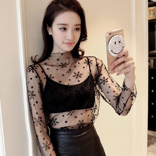 여성 시스루 레이스 쉬폰 블라우스 메쉬 셔츠 봄과 가을 드레스 섹시