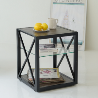 모던 우드톤 사이드테이블 강화유리 블랙프레임 | 침대협탁 소파테이블 겸용| 원룸 거실침실 다용도, 회색