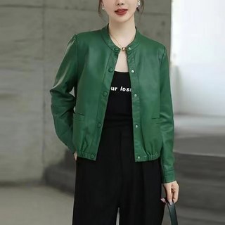 ROYALBELLE 여성 숏 가죽 재킷 캐주얼 루즈핏 스타일 라운드넥 간절기 아우터 F0111706