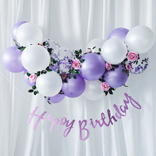 파티레시피 생일풍선 생일파티 용품 세트 풍선 24개 장미가랜드 고리마운트 3개 스트랩 제작설명서, 퍼플, 1세트