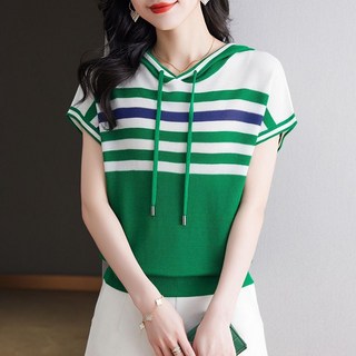 WEIHAN 여성 캐주얼 냉감 아이스 후드 니트 반팔 티셔츠 루즈핏 스트라이프 반팔티 데일리룩