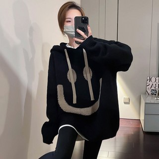 ROYALBELLE 여성 하프 기장 니트 후드 스웨터 긴팔 데일리 편안한 캐주얼 루즈핏 니트 V112935