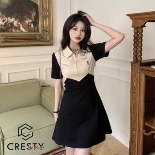 크레스티 데일리 반팔 배색 원피스 집업 캐주얼 카라 미니원피스