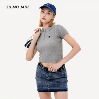 SU.MO JADE 여성 슬림 자수 폴로 반팔 니트 티셔츠
