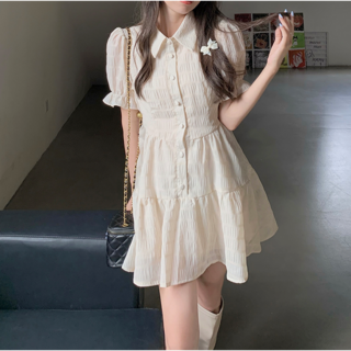 러블리 퍼프 소매 카라넥 A라인 미니 원피스