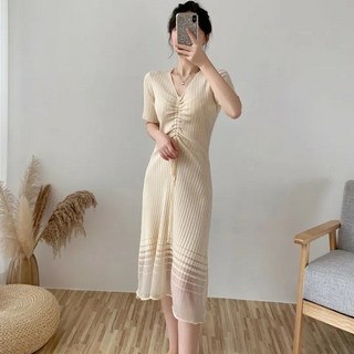 여성원피스 쉬폰원피스 원피스 반팔 브이넥 니트스커트 여여름 롱 a라인 원피스