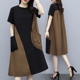 MOSAIRATION여성 디자인 오버핏 빅포켓 원피스 반팔 캐주얼 패치워크 기본 미디 원피스 U0022002