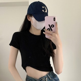 빠뻐을뻔 여성 정어깨 반팔 라운드넥 깔끔 슬림 크롭 티셔츠