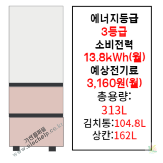 [색상선택형] 삼성전자 비스포크 김치플러스 3도어 키친핏 냉장고 313L 방문설치, 글램화이트+글램피치, RQ33C74B1AP