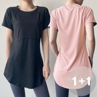 지디오 여성 힙커버 롱 티셔츠 필라테스 트레이닝복 루즈핏 반팔 요가복 운동복 1+1 2P