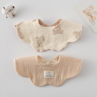 양면 사용 아기 턱받이 웨이브 레이스 부드러운 면 트리밍 타액수건, Khaki Rabbit, 1개