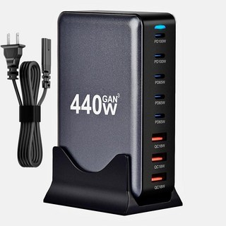 440W USB C 고속 충전기 8포트 멀티 GaN 어댑터 블록 충전 스테이션 허브 PD 100W 65W 노트북 QC 18W 맥북 프로/에어/모든 아이패드 델 스팀 데크 아이폰, 1개