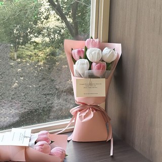 튤립 부케 조화 시들지 않는 꽃다발, 화이트핑크 6송이, 1개