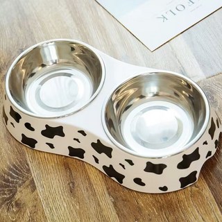 강아지 고양이 이중 밥그릇 반려동물 식기 세트, 1개, 흑백 젖소