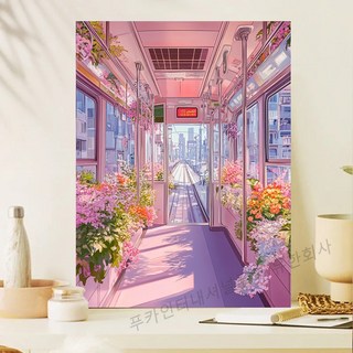 액자형 3D 사각큐빅 보석십자수 DIY 키트 캔버스 일체형 풍경 동물 꽃식물 금전운 풍수 그림 장식 선물용 40x50cm, 1개, 핑크 찻간