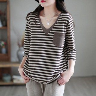 150kg까지 여성 스트라이프 브이넥 긴팔티 루즈핏 칠부소매 이너 티셔츠 빅사이즈