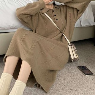 더벨러리 여성 꽈배기 니트 카라넥 롱 원피스 BKO4644 겨울 칼라 헨리넥