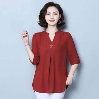 [뽐나] 여성 빅사이즈 중앙 라운드 브로치 브이넥 카라 블라우스