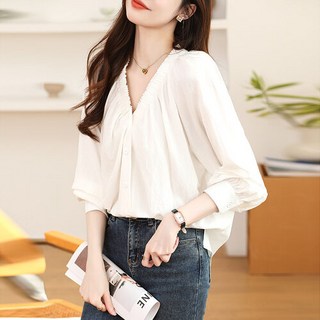 마르소2 여자 봄 셔츠 블라우스 쿨링 소재 프렌치 탑 셔링 브이넥 루즈핏 긴팔 UNO1