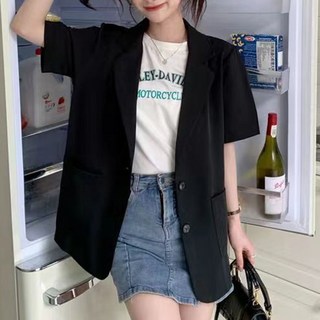 ROYALBELLE 여성 카라넥 반팔 정장 재킷 루즈핏 세련된 직장인 통근 버튼 자켓 V022516